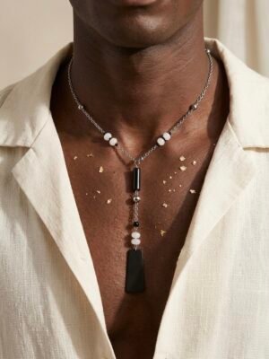 Collier Cravate "Pé" – Chaîne Acier, Perles et Pendentif Géométrique